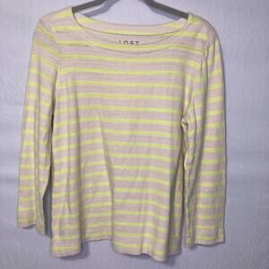 LOFT Women’s M Neon Yellow Off‑White Striped Knit Top Boatneck